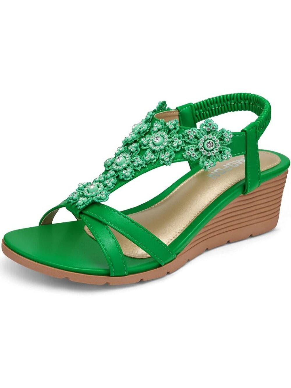 Women's Green Elastic Open Toe Flower Low Wedge Heels Platform Sandal Shoes